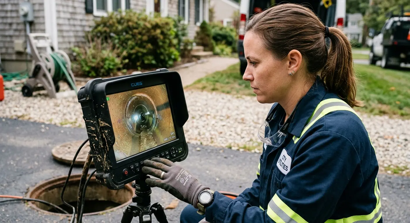 Technician reviewing sewer camera inspection footage in Santa Cruz