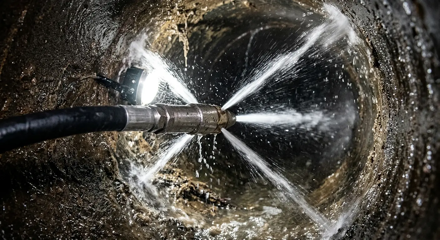 High-pressure hydro jetting nozzle cleaning sewer pipe for Sewer Cleanout in Santa Cruz