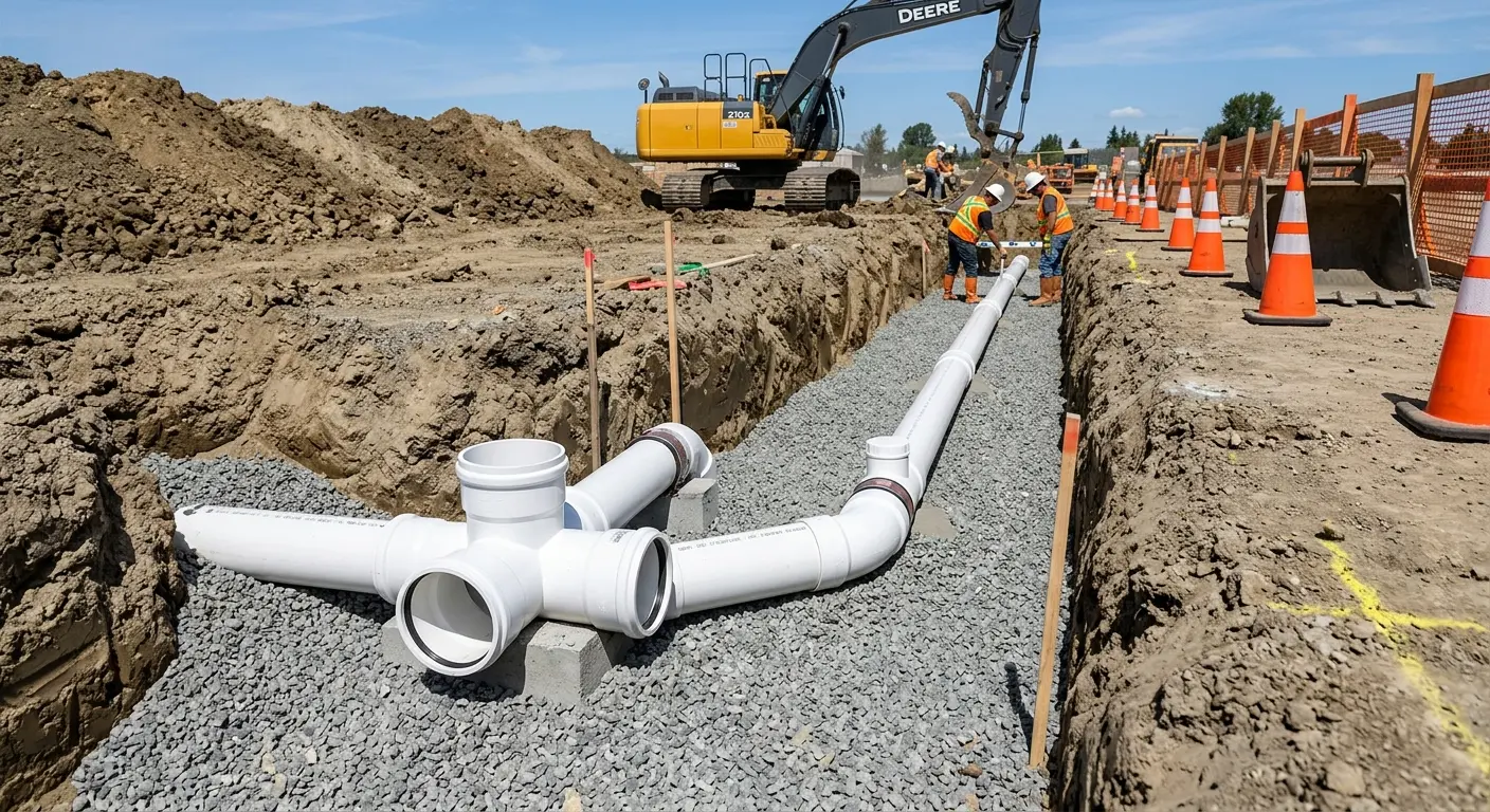 New PVC sewer pipe installation in open trench for Sewer Backup in Santa Cruz