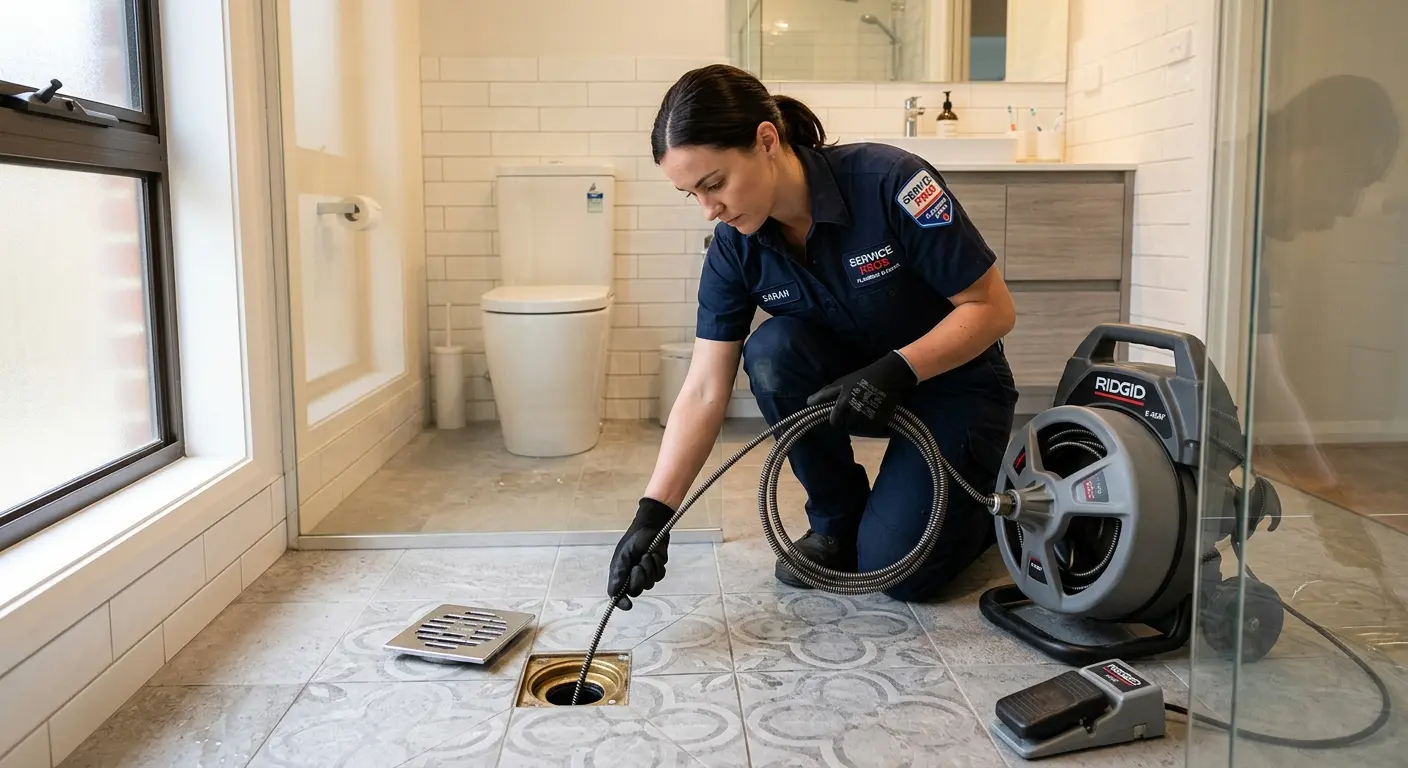 Technician clearing a bathroom floor drain for Hydro Jetting in Santa Cruz